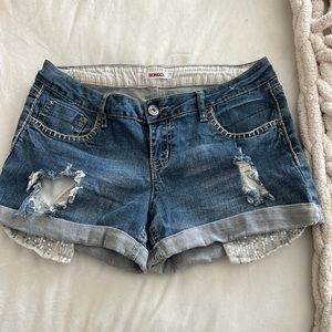 Bongo‎ Jean Shorts - Distressed wash blue Jean shorts peekaboo sequence pockets